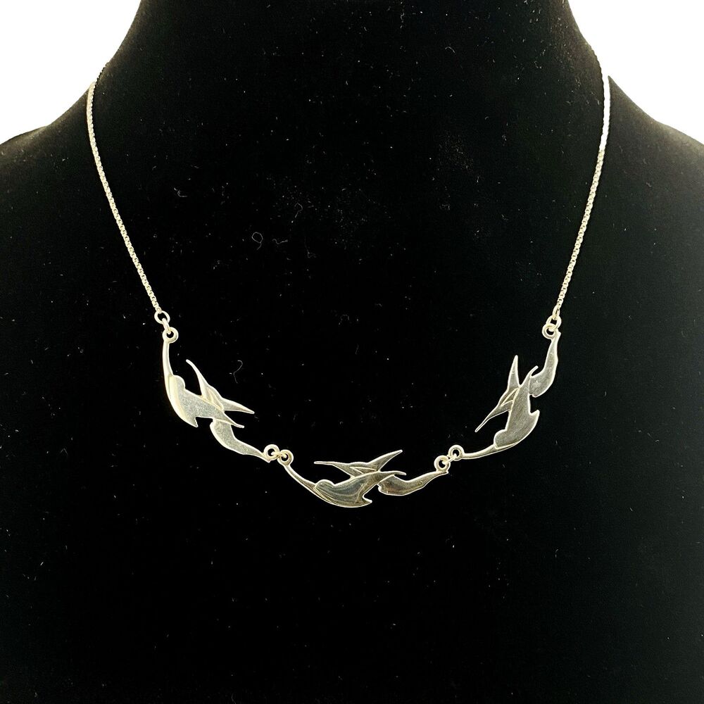 Modernist Sterling Silver Swallow Birds in Flight Necklace 17 Inch Vintage